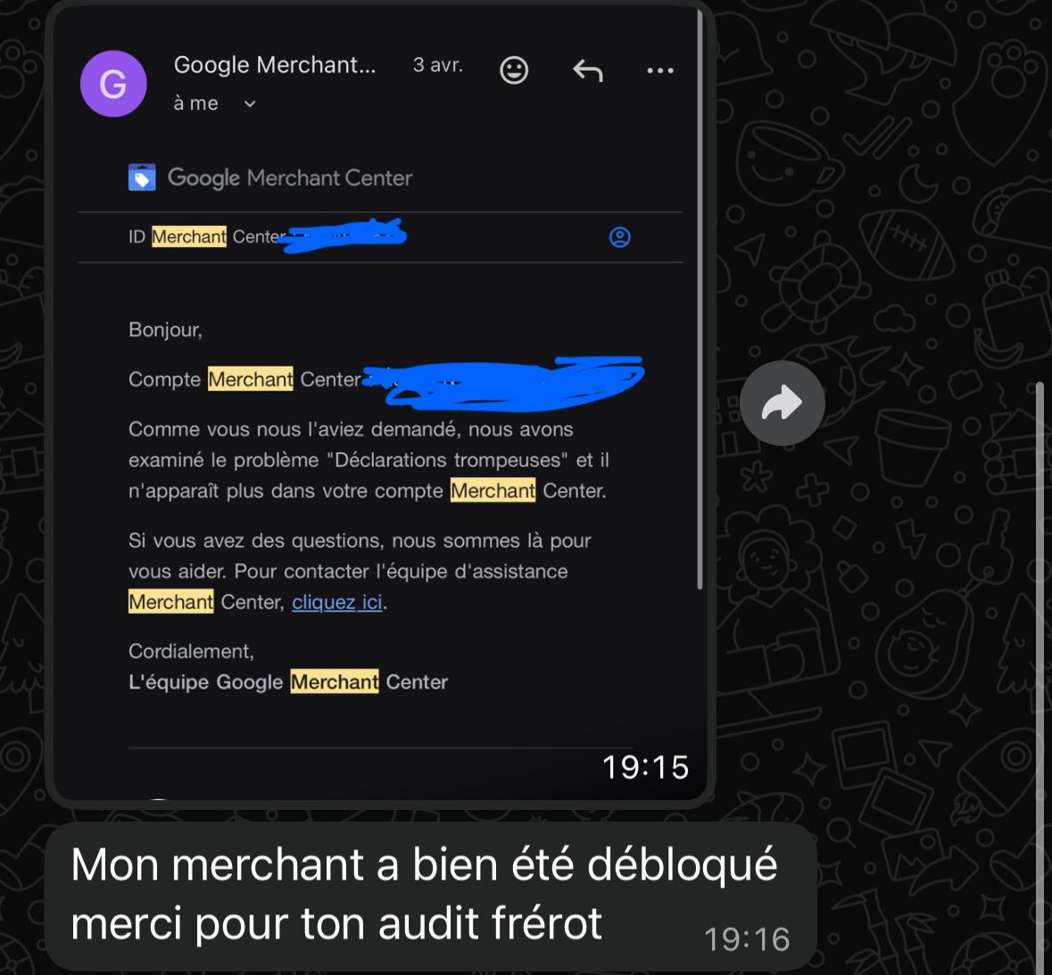 Capture WhatsApp - Compte Merchant Center débloqué avec succès
