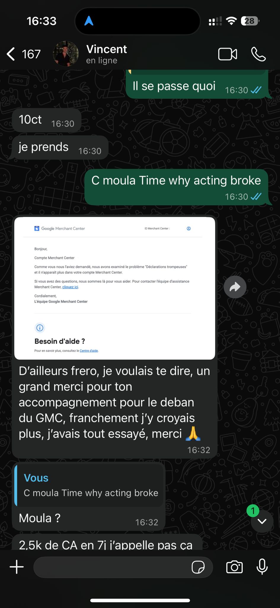 Capture WhatsApp - Client satisfait après déblocage GMC