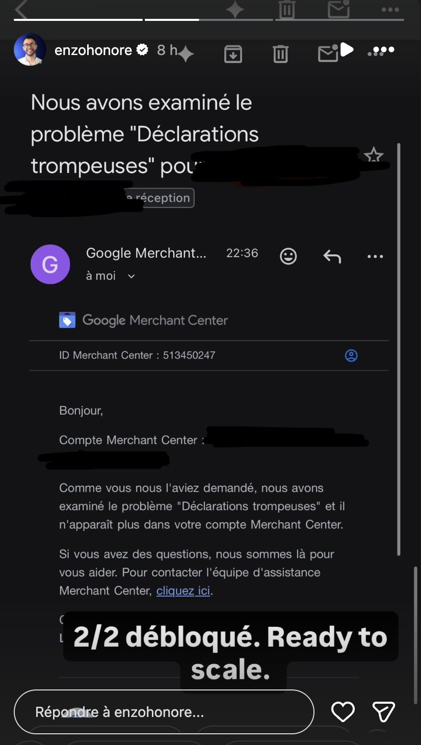 Story Instagram - Problème Déclarations trompeuses résolu par Google, 2/2 débloqué